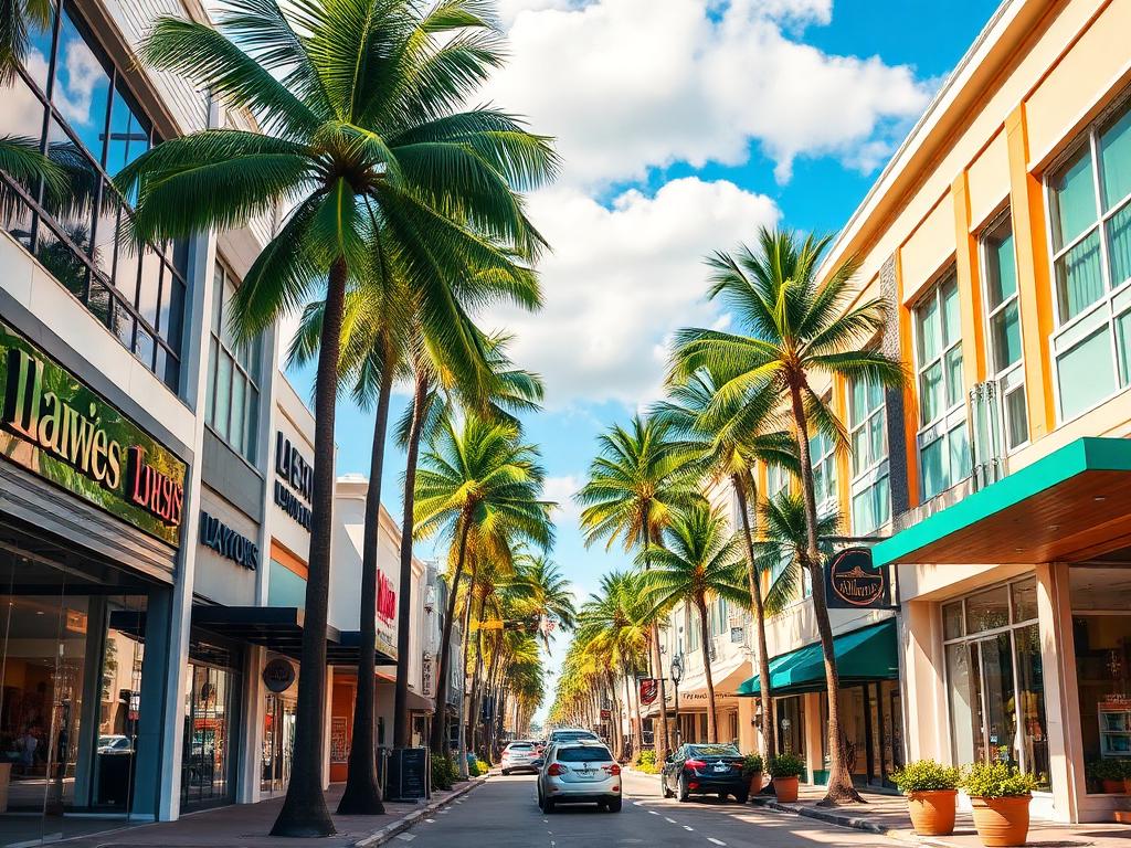 Fort Lauderdale business district on Las Olas Boulevard showing storefronts and palm trees